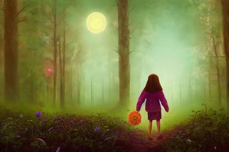 Image similar to giant daisy flower as face, girl walking in forest, surreal photography, dark night, stars, moon light, impressionist painting, clouds, digital painting, artstation, simon stalenhag