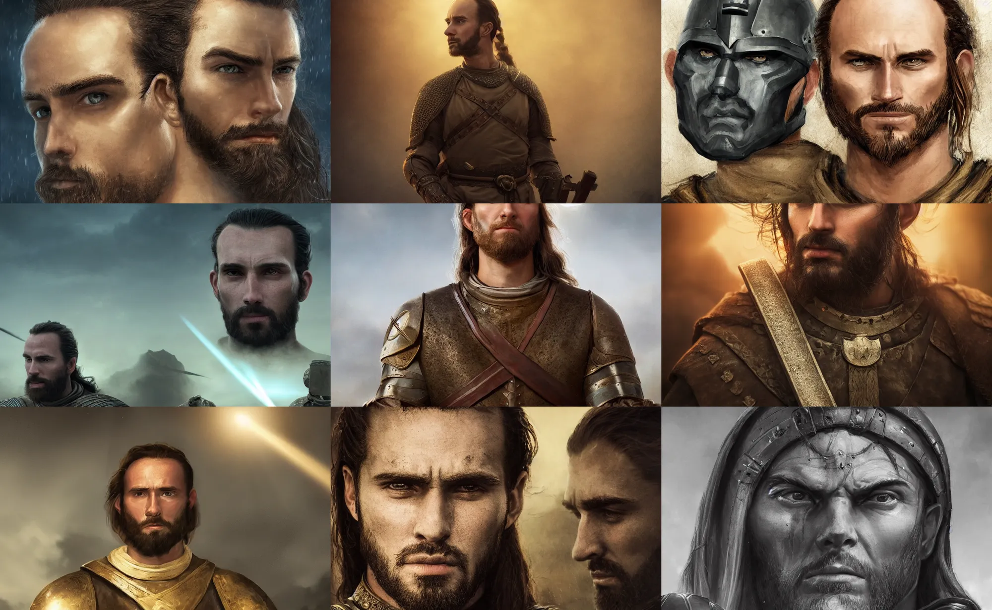 Prompt: cinematic artwork of a medieval commander his late twenties with long light brown hair tied back, large forehead, a widows peak and a round face with high cheekbones in front of his army by greg rutowski, 4 k, masterpiece, sun rays
