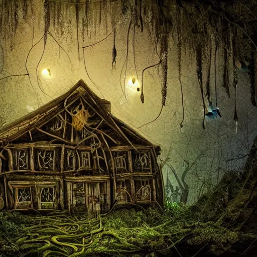 Image similar to collapsed wooden house in mythical forest with creepy ambiance, vines hanging from trees, glowing fireflies, hazy, by hr giger, sharp focus, highly detailed