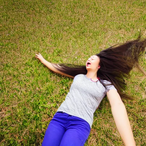 Image similar to photo, young woman, falling from plane, scared face, camera view from beneath the person