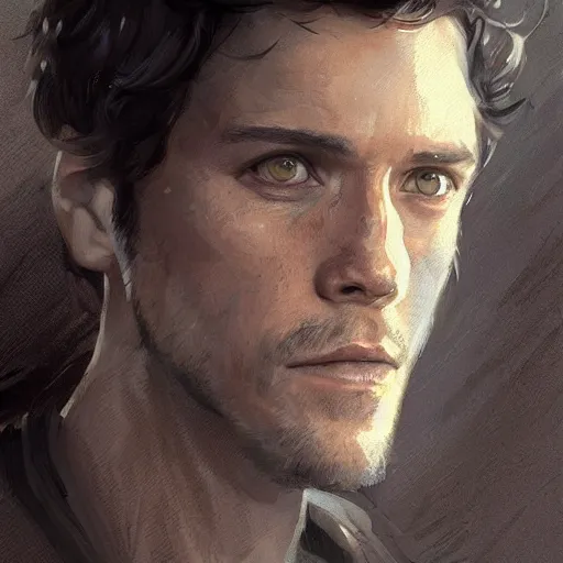 Prompt: portrait of a man by greg rutkowski, jedi kinght that looks like adam brody, messy brown hair, star wars expanded universe, he is about 3 0 years old, highly detailed portrait, digital painting, artstation, concept art, smooth, sharp foccus ilustration, artstation hq