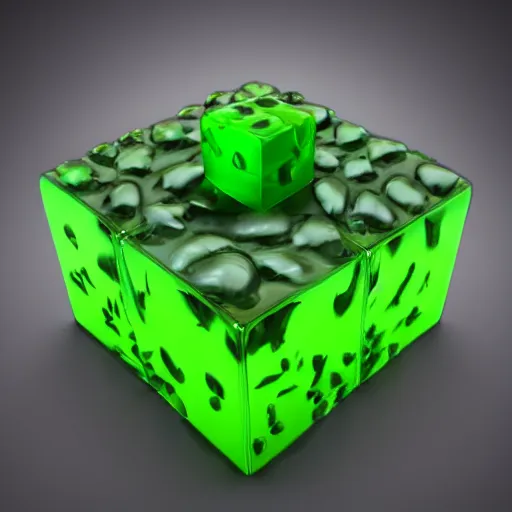 Image similar to a gelatinous cube from dnd with bones floating in it, translucent green slime cube filled with bones, 3d render, unreal engine, volumetric lighting, artstation