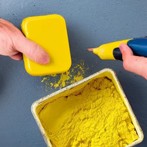 Image similar to pulling a brick out of the top of an open tin of bright yellow paint