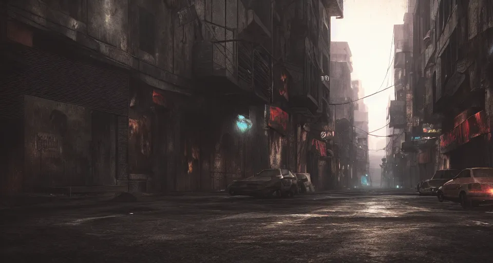 Image similar to looking down the street of a city built with human faces, 3 d video game, horror, gritty atmosphere, octane render, depth of field, unreal engine 5, dark colors, trending on artstation, ultra high detail, ultra realistic, cinematic, focused, 8 k