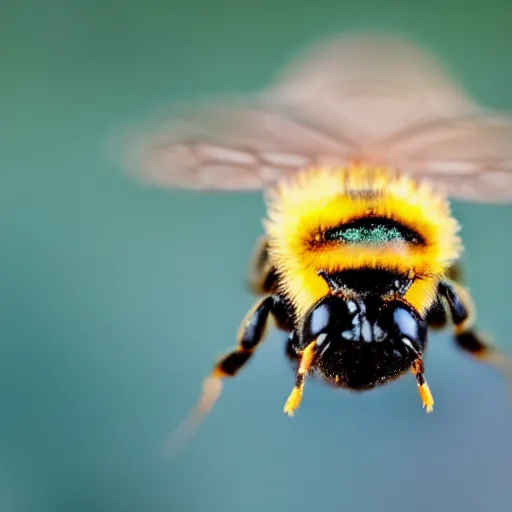 Prompt: angry bee, macro photography, bokeh, depth of field, sting, wings, attacking