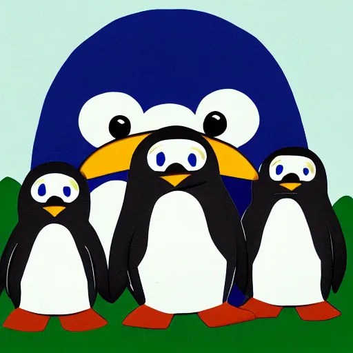 Prompt: A children's cartoon illustration of a penguin family, a mom penguin, dad penguin, an older sister penguin and a baby brother penguin, highly detailed, trending on artstation,
