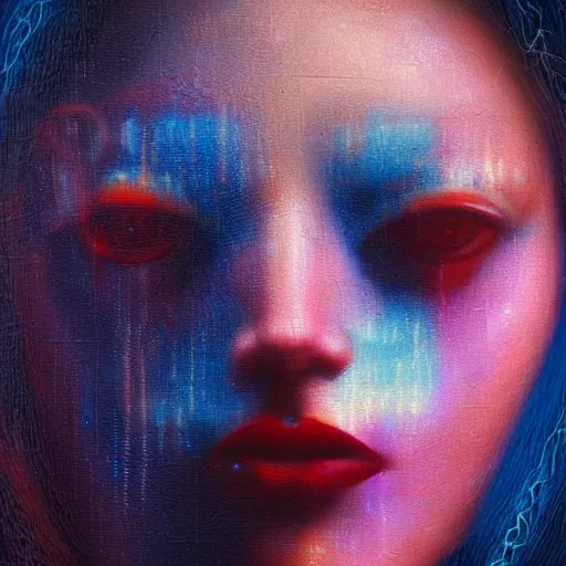 Prompt: painting of a close - up on the face of a cyberpunk girl, into a trance and closed eyes, connected by cables in her head, in the style of agostino arrivabene, renaissance, dark, surrealism, low contrast, blue, red, pink, cyan, sacred geometry, intricate