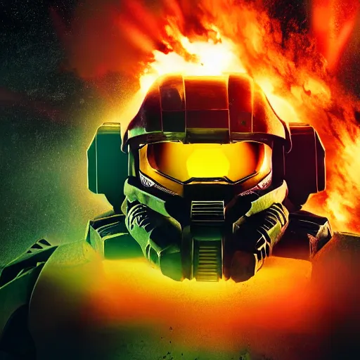 Prompt: professional photo of the master chief from halo with massive explosions of plasma and fire and debris and pieces of spaceship all around him in the style of the movie lone survivor nikon d 8 0 6 0 mm lens, cinematic lighting and shadows