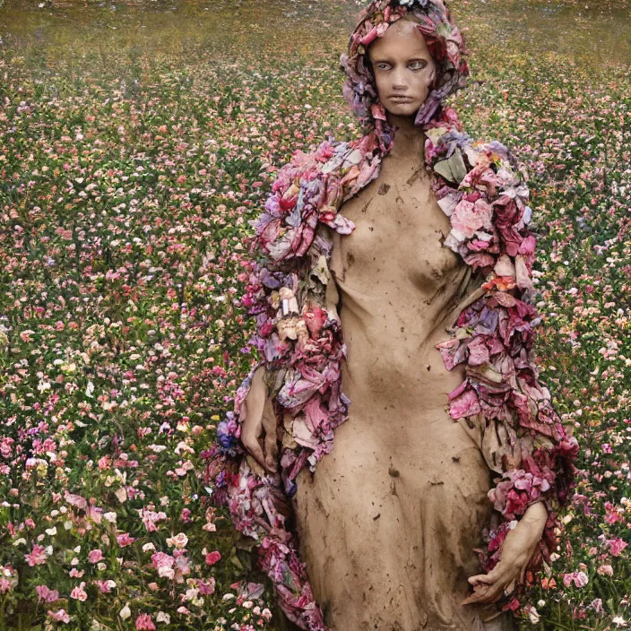 Prompt: a closeup portrait of a woman wearing a cloak made of plastic an mud, in an infinite landscape of flowers, photograph by vincent desiderio, canon eos c 3 0 0, ƒ 1. 8, 3 5 mm, 8 k, medium - format print
