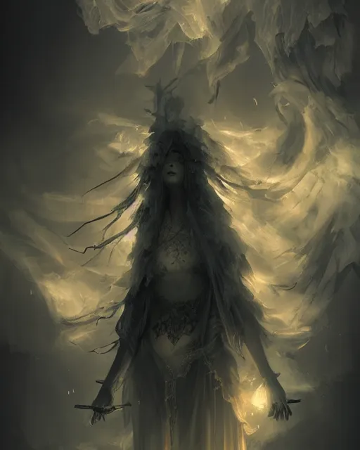 Image similar to ghostly vertical skeletal figures wreathed in dark smoke, scenic full shot, ambient lighting, detailed face, by goya, stanley artgerm lau, wlop, rossdraws