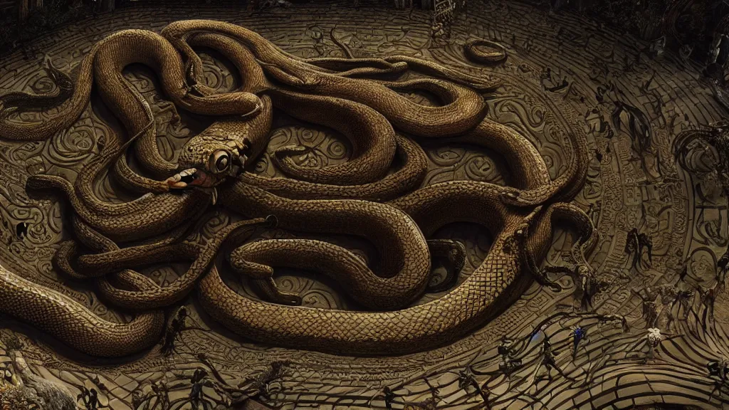 Image similar to a giant snake around the tree of life, high detail, 8k, ornate, dark fantasy, maximalist, realistic, masterpiece, complex, WLOP, film still from the movie directed by Denis Villeneuve, wide angle