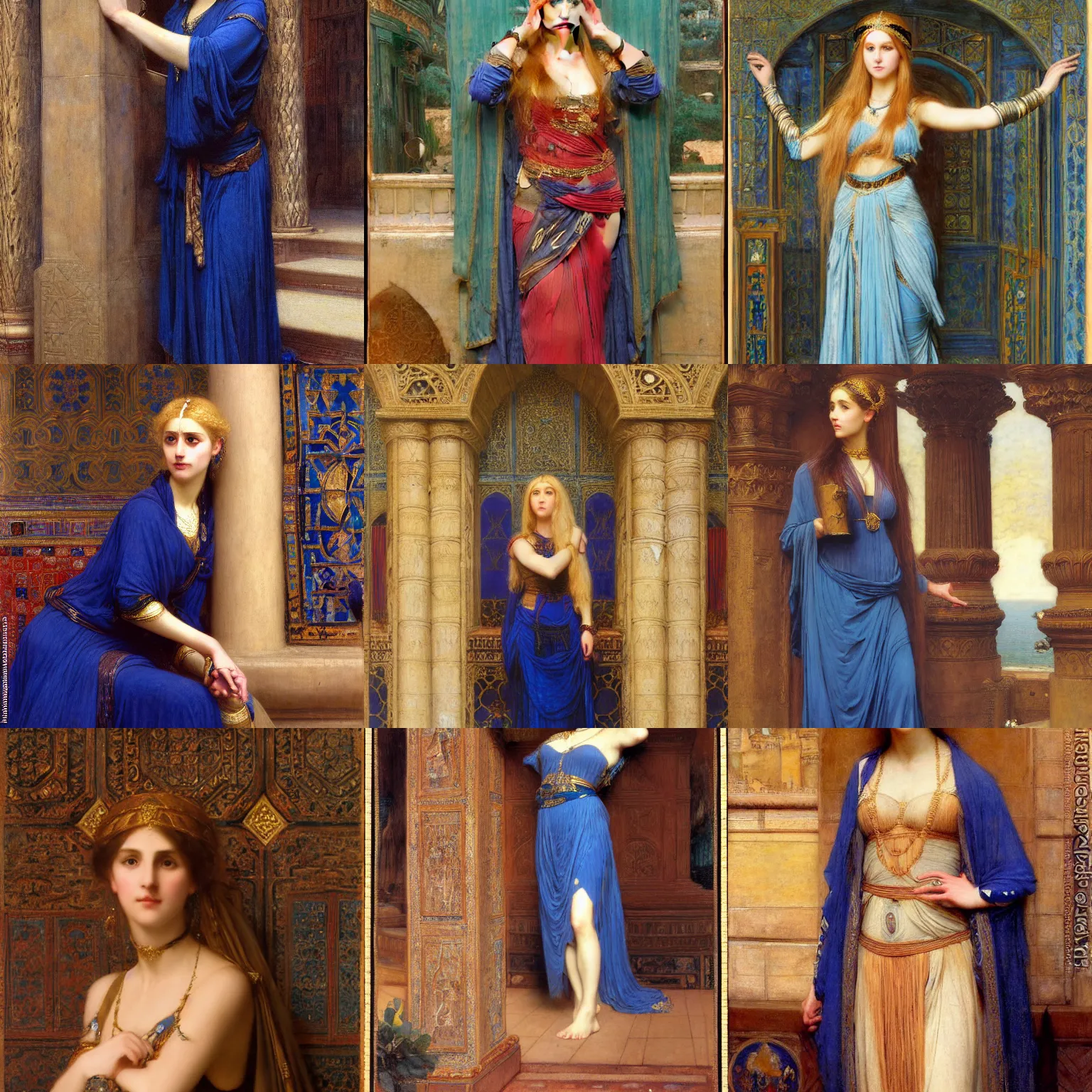 Prompt: orientalist portrait of a blonde sorceress wearing a conservative blue dress standing in a sandstone room intricate portrait by john william waterhouse and Edwin Longsden Long and Theodore Ralli and Henryk Siemiradzki, very coherent symmetrical artwork. Cinematic, hyper realism, high detail 8k