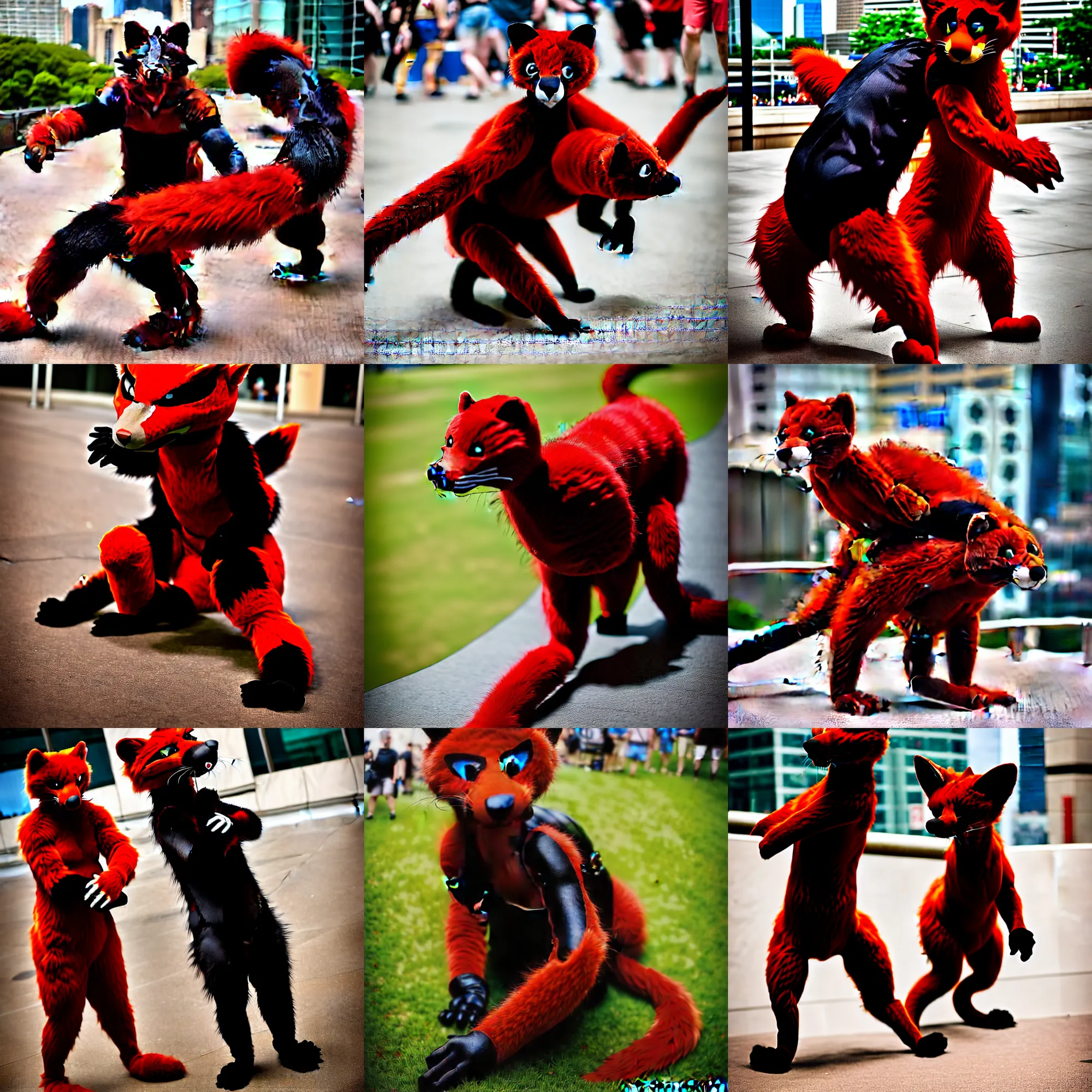 Prompt: fullbody photoshoot photo portrait of a roguish male red - black furred weasel furry fursuiter ( tail attached ), taken at anthrocon ( furry convention )