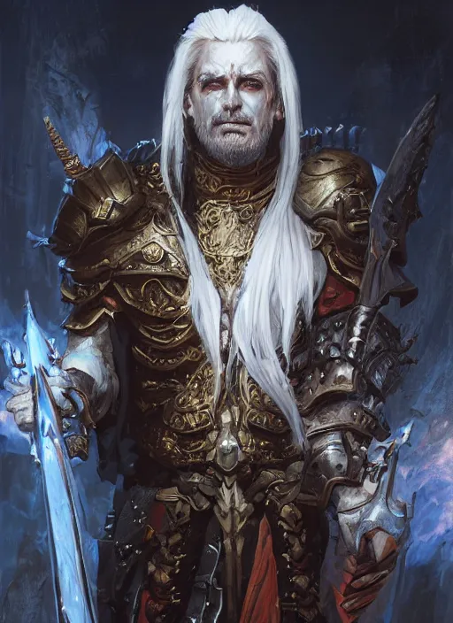 Image similar to An epic fantasy comic book style portrait painting of a supreme necromancer warlord with white hair , with many undead and skeleton warriors around him, painted by dreadjim and craig mullins, greg rutkowski, unreal 5, octane render, cosplay, RPG portrait, dynamic lighting