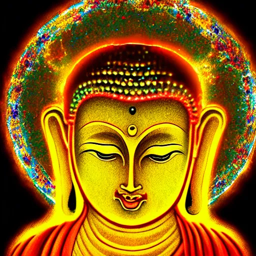 Prompt: brilliancy of buddha illuminates the whole universe
