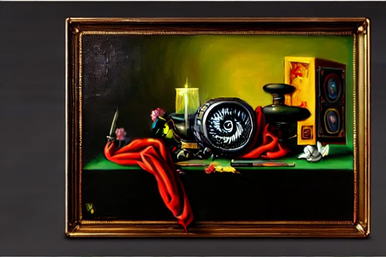 Image similar to a vanitas painting depicting an NVIDIA RTX A100 GPU, graphics card