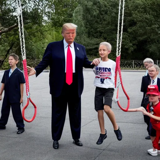 Prompt: Donald Trump pushing Jeffrey Epstein on a swing, playground full of happy children in the background, 4k