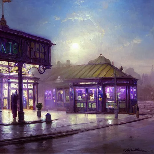 Prompt: painting of artlilery scifi organic shaped gas station with ornate metal work ornaments, volumetric lights, purple sun, andreas achenbach