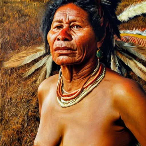 Image similar to high quality high detail painting by lucian freud, hd, full body of a indigenous tribe powerfull woman leader, photorealistic lighting