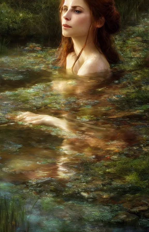 Image similar to beautiful lady of shalott laying in a river, sadness, longing, sharp focus, intricate, elegant, digital painting, artstation, matte, highly detailed, concept art, illustration, volumetric lighting, bokeh light, art by greg olsen and liz lemon swindle