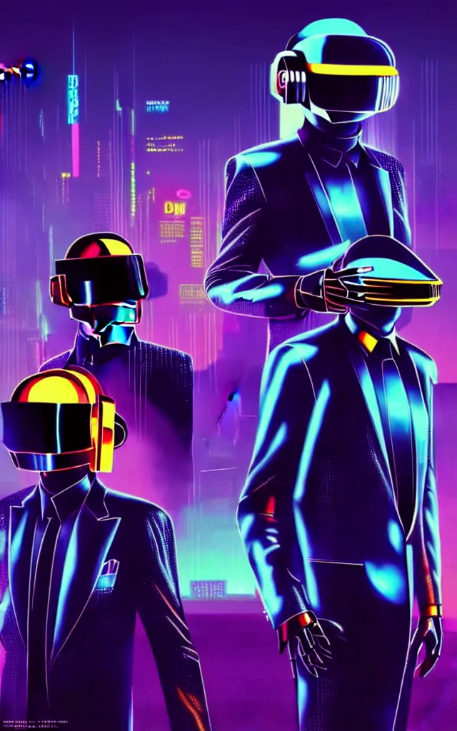 Image similar to concept art of daft punk at a magnificent dark neon futuristic cyberpunk city bustling street at night cyberart by liam wong in the film akira rendered in octane, 3 d render, trending on cgsociety, blender 3 d