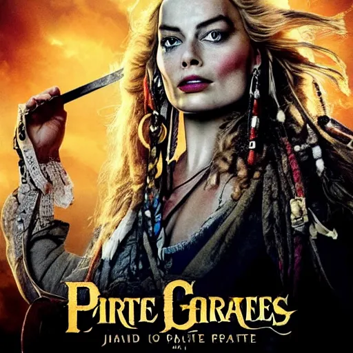 Image similar to margot robbie replacing johnny depp in the lead role in pirates of the caribbean ( 2 0 2 4 ) film poster