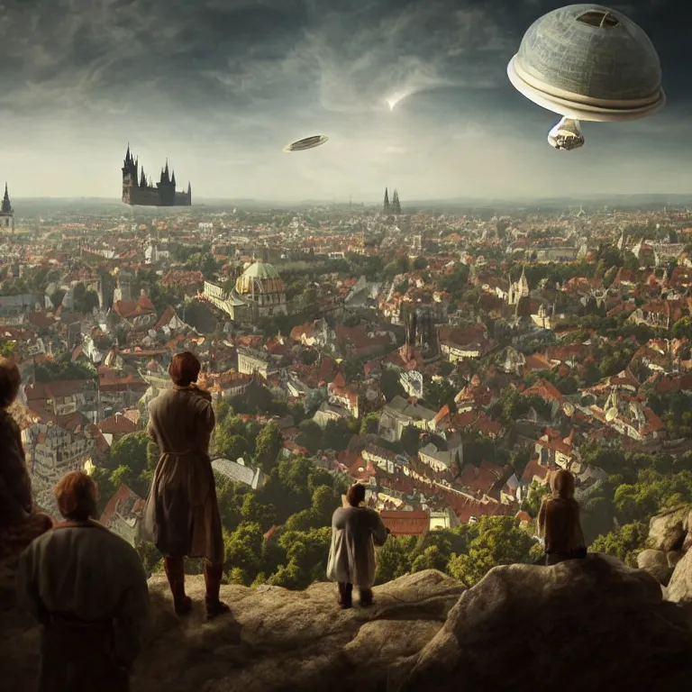 Prompt: two peasants witnessing ufo flying saucer landing in 1493, Prague in the background, beautiful detailed intricate insanely detailed 3D render digital art, octane render, 8K artistic portrait photography, photorealistic digital art, realistic volumetric lighting