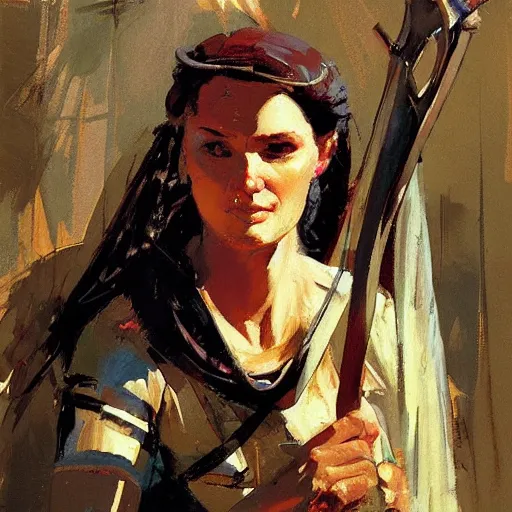 Prompt: portrait of woman wearing medieval holding a bow and arrow, detailed by greg manchess, craig mullins, bernie fuchs, walter everett