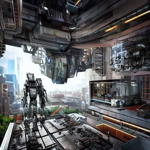 Prompt: people living inside giant robots look like apartment buildings, robots move on tank tracks, sci fi, anime