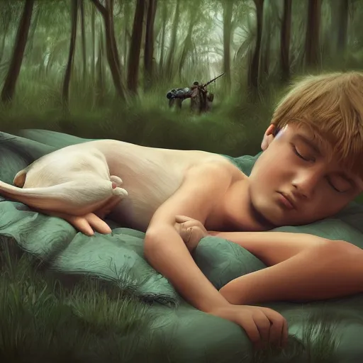 Prompt: a boy dreaming in bed, surrounded by a forest, with his trusty hunting dog and rifle, digital painting, photo - realism, sharp focus