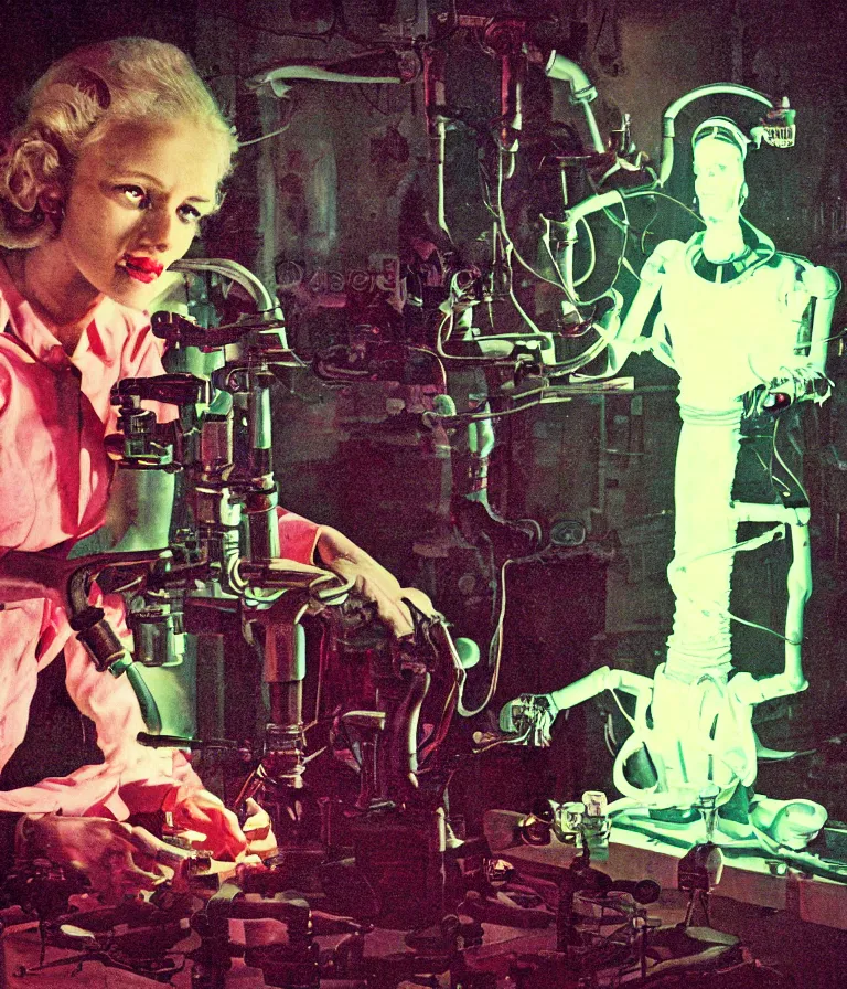 Image similar to a female mad scientist building a humanoid robot, in a darkly lit laboratory room, 1 9 5 0 s horror movie poster style, norman rockwell oil painting, close - up shot, retro science fiction, vintage, saturated pink and green lighting, shadowy lighting, cohesive