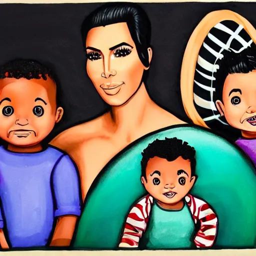 Image similar to Family portrait of Kim Kardashian and husband Freddy krueger with their 3 children. illustration, highly detailed