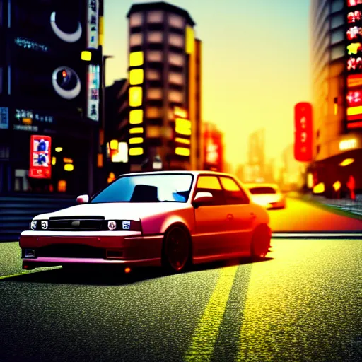 Prompt: a car drifting JZX100 in middle of road, shibuya prefecture, city sunset, cinematic color, photorealistic, highly detailed, bokeh, octane render