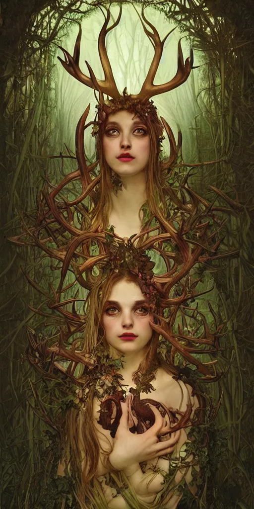 Image similar to intense bioluminescent pagan god with antlers and fangs and intense glowing eyes in very dark forest by mark ryden and alphonse mucha, portrait, fantasy, clear, light beams, lens flare, intense, uhd, amazing depth, cinematic lighting