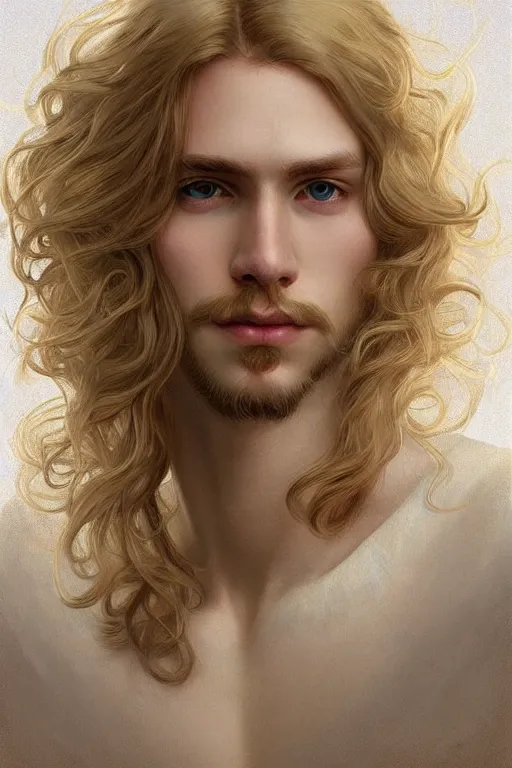 Image similar to beautiful cottagecore pale blond androgynous young man Lucius , long fluffy curly blond hair, pale skin, innocent, intricate, elegant, highly detailed, digital painting, artstation, concept art, smooth, sharp focus, illustration, art by artgerm and greg rutkowski and alphonse mucha