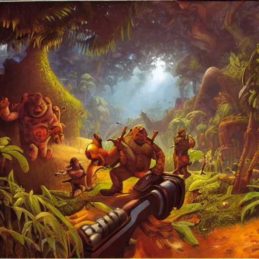 Prompt: laser fight in the jungle, oil painting by justin gerard