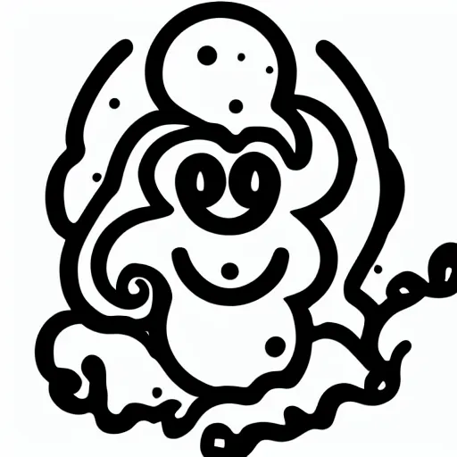 Image similar to black and white anime character of a piece of fluffy popcorn with a smiling face and flames for hair, sitting on a lotus flower, clean composition, symmetrical