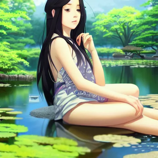 Image similar to a beautiful girl with long dark hair, sitting by a pond, japanese garden, daytime, sharp focus, intricate, digital painting, artstation, official media, anime key visual, highly detailed, rich vivid colors, ambient lighting, illustration, art by Artgerm, Makoto Shinkai, Ilya Kuvshinov, Lois Van Baarle, and Rossdraws