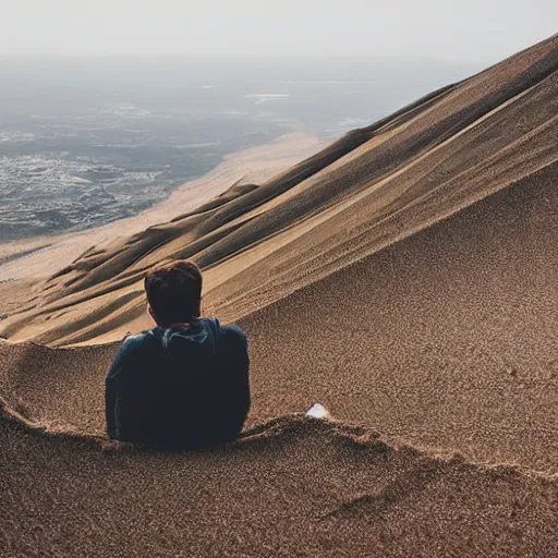 Image similar to man sitting on top peak mountain cliff looking at huge sand tornado