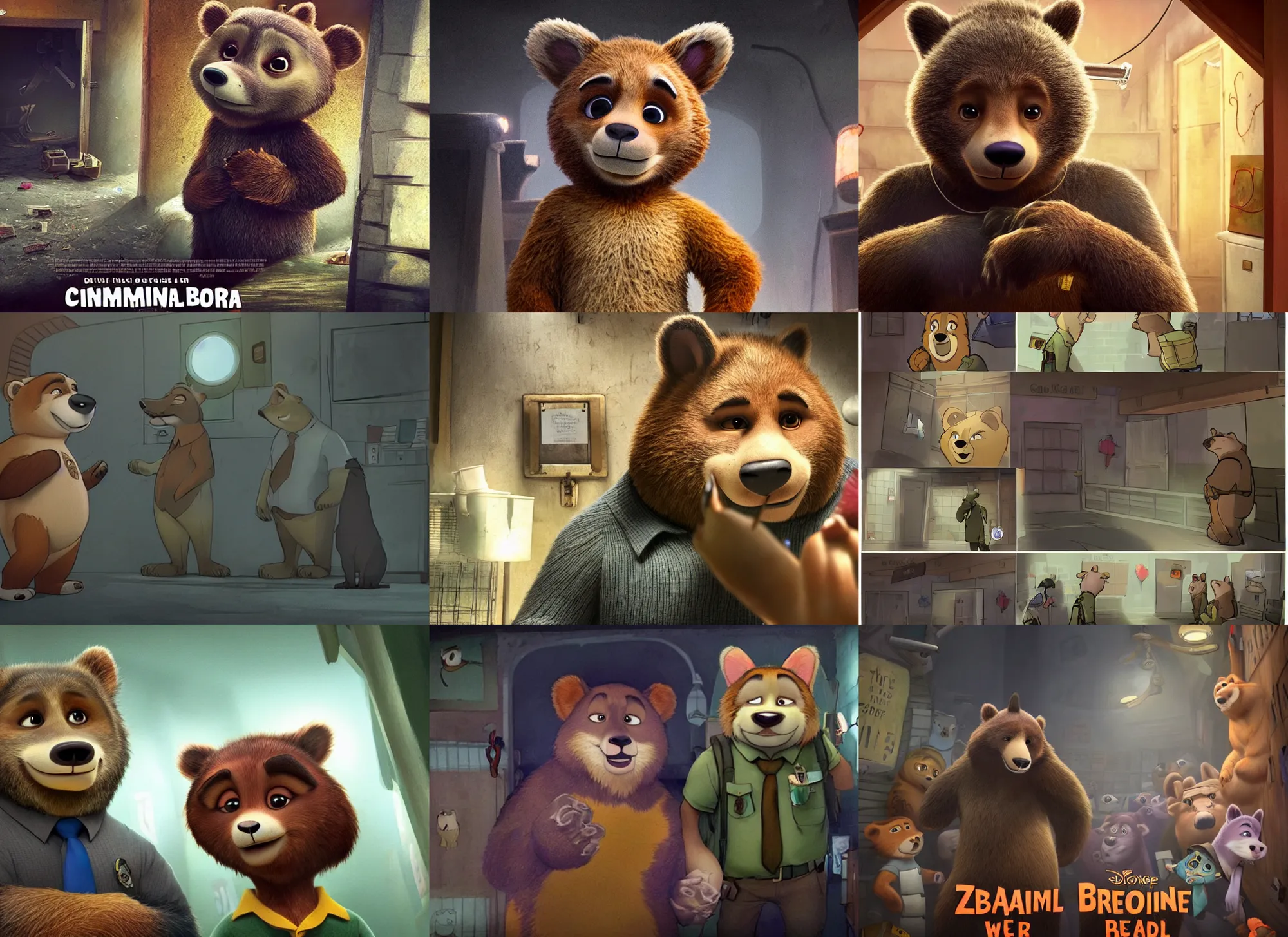 Prompt: a criminal bear in the dark basement, zootopia 2