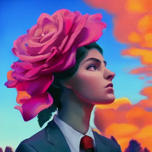 Image similar to closeup, giant rose flower head, frontal, a girl with suit, surreal photography, sunrise, blue sky, dramatic light, impressionist painting, digital painting, artstation, simon stalenhag