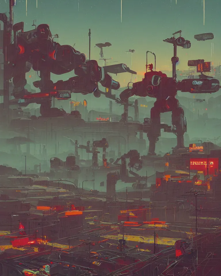 Image similar to Retro sc-fi poster by Simon Stålenhag, giant broken robot, rural landscape