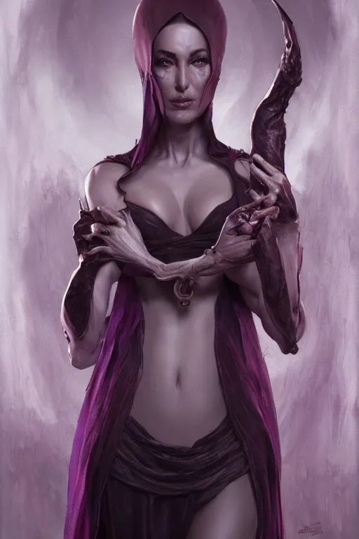 Image similar to monica bellucci as a slaanesh cultist, anatomy, only two hands, highly detailed, digital painting, artstation, concept art, smooth, sharp focus, illustration, unreal engine 5, 8 k, art by art by artgerm and greg rutkowski and edgar maxence