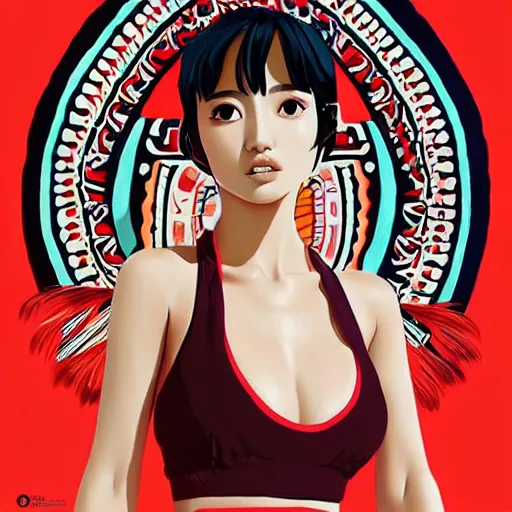 Image similar to a beautiful young japanese natalie portman alluring gravure model, stylized concept art, wearing elegant designer bomber jacket and one piece bikini, bomber jacket with mesoamerican patterns, mesoamerican native street fashion, princess mononoke, painted by ilya kuvshinov aesthetic, gorgeous, stunning, alluring, attractive, artstation, pinterest, digital art