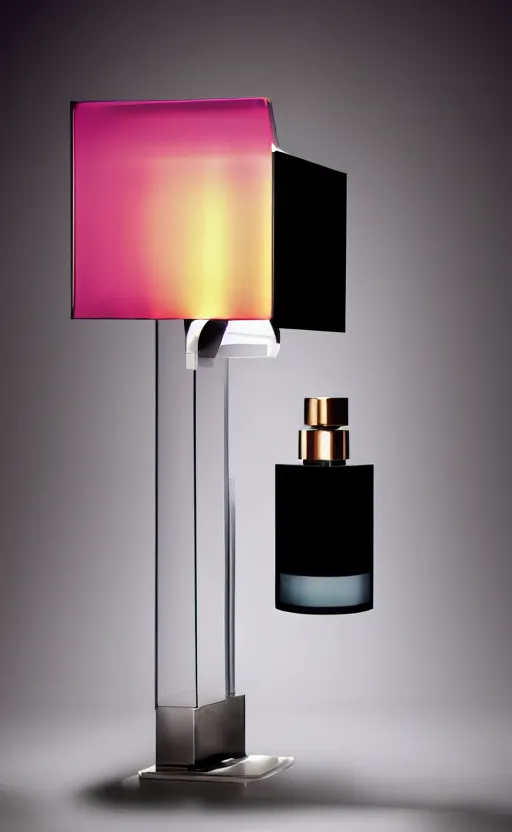 Image similar to a table lamp designed by armani in the shape of perfume, advertising photography, color gradient background