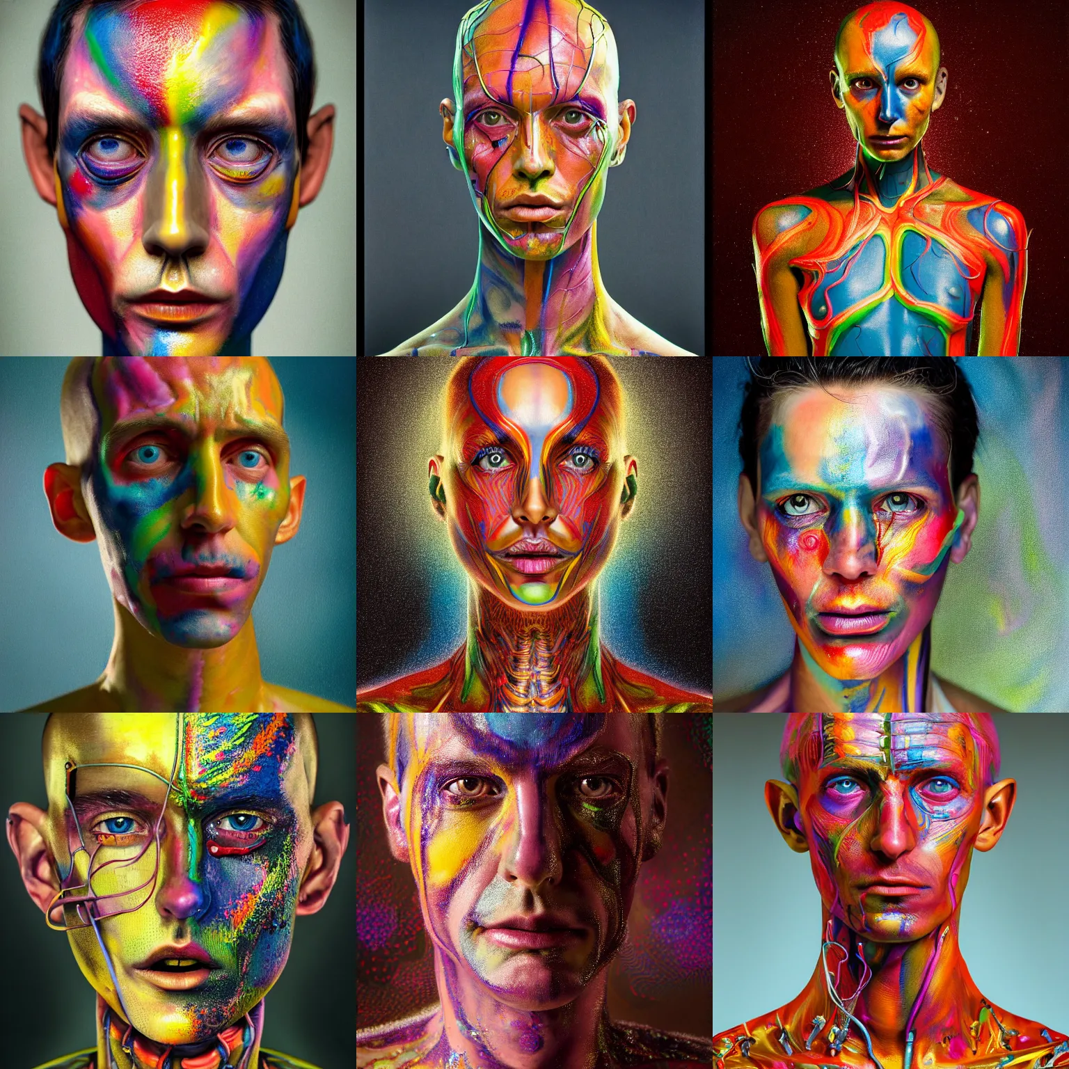 Prompt: a hyperrealistic fine art portrait photo of a plastic cybernetic human with psychedelic colorful body paint, by brad kunkle, maarten schröder and tom bagshaw, smooth shapes and lines, vignette, 50mm lens, golden ratio composition, studio photography, closed eyes, very detailed, artstation, 8K, highly coherent