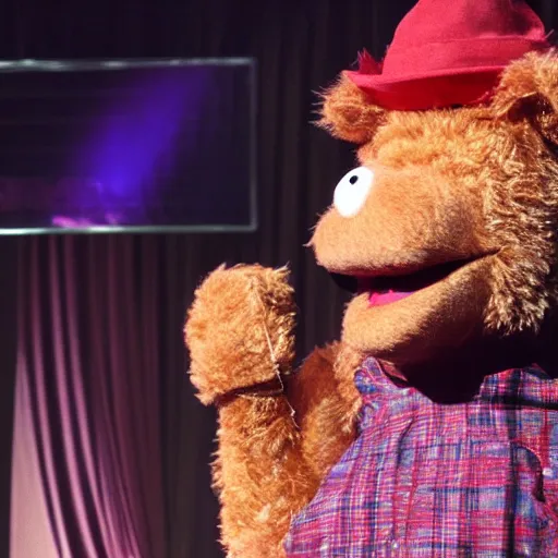 Image similar to fozzie bear telling jokes on stage