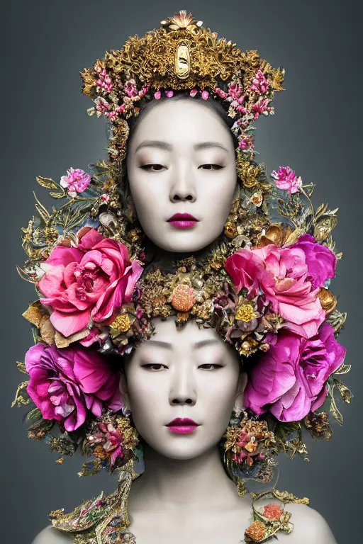 Prompt: a beautiful empress portrait, with a brilliant, impossible striking big flower headpiece, clothes entirely made out of flowers, symmetrical, dramatic studio lighting, beauty dish, rococo, baroque, jewels, asian, hyperrealism, closeup, D&D, fantasy, intricate, elegant, highly detailed, digital painting, artstation, octane render, 8k, concept art, matte, sharp focus, illustration, art by Artgerm and Greg Rutkowski and Alphonse Mucha