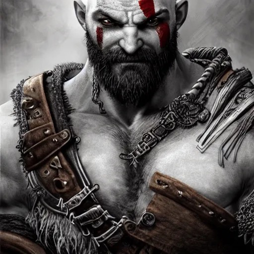 Prompt: the portrait of the absurdly ruthless, strong, and realistic kratos, an ultrafine hyperdetailed illustration by kim jung gi, irakli nadar, intricate linework, octopath traveler, final fantasy, unreal engine highly rendered, global illumination, detailed and intricate environment