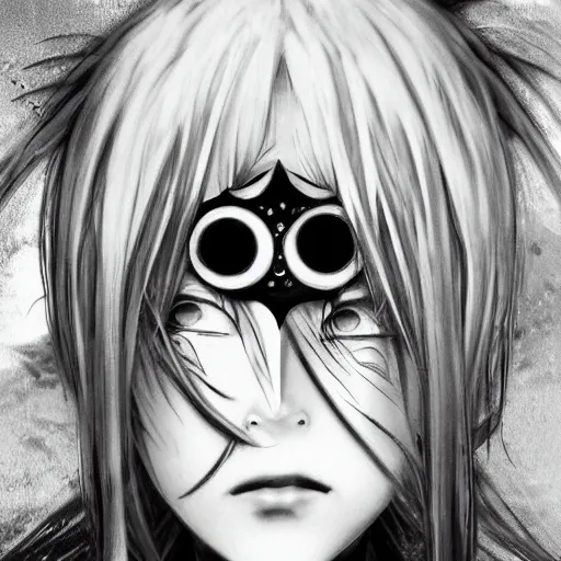 Image similar to yoshitaka amano blurred and dreamy illustration of an anime girl with pirate eye patch, wavy white hair and cracks on her face wearing elden ring armour with the cape fluttering in the wind, abstract black and white patterns on the background, noisy film grain effect, highly detailed, renaissance oil painting, weird portrait angle